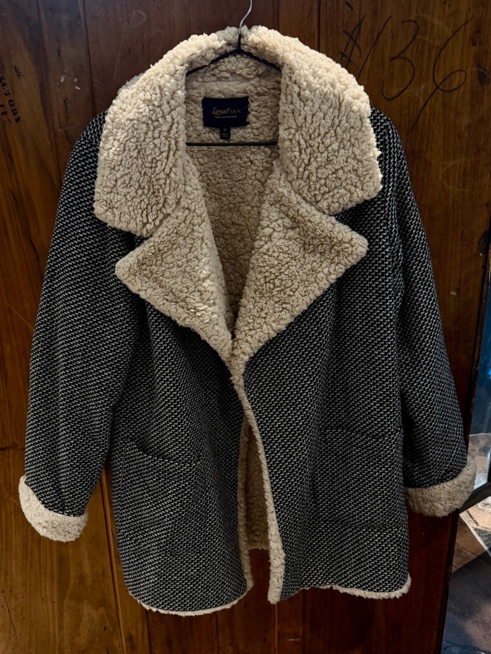 Sweet Rain Black and Cream Tweed Outer Fleece Lined Jacket Medium